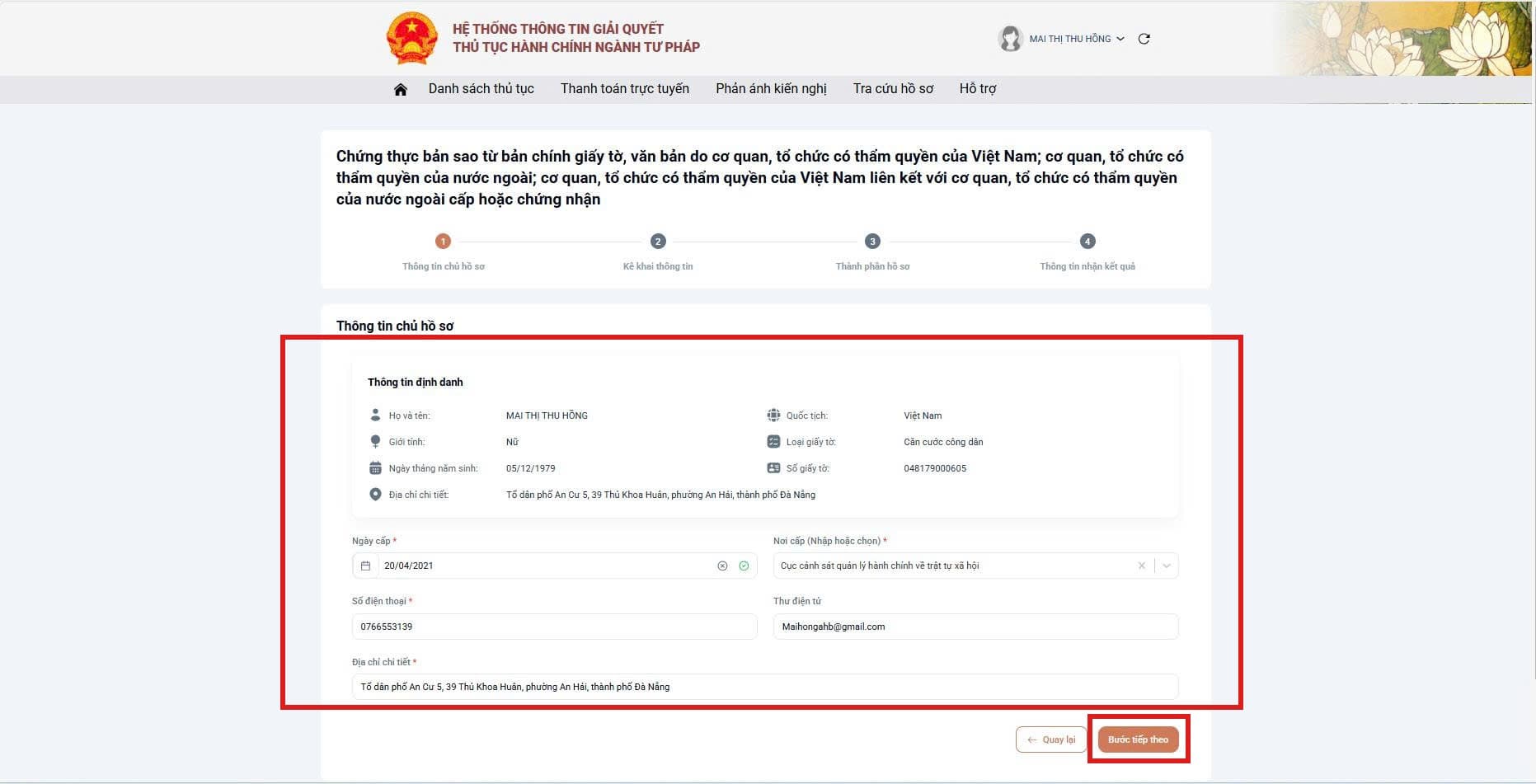 Bước 1 – Thông tin chủ hồ sơ