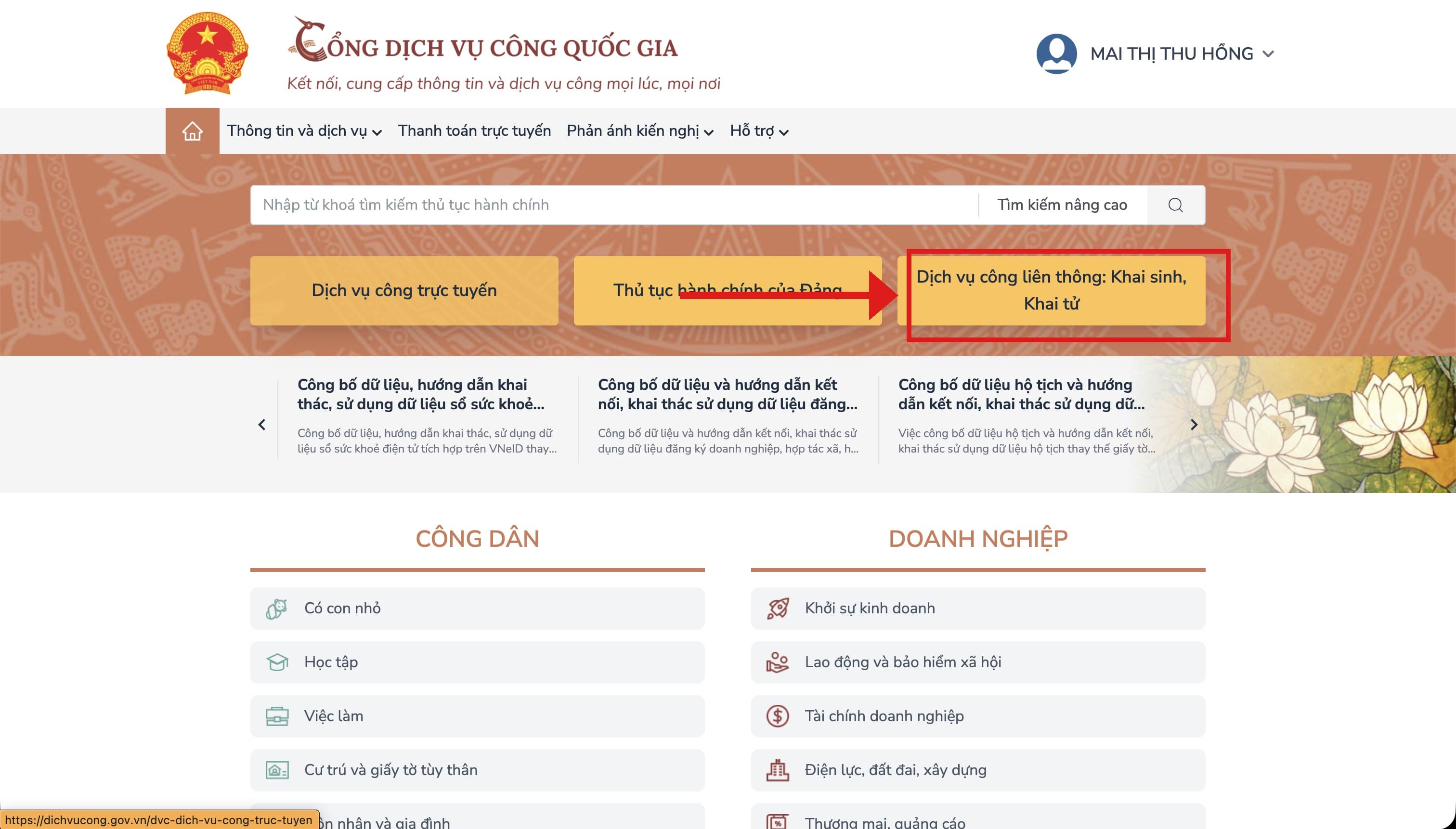 Vào Dịch vụ công liên thông