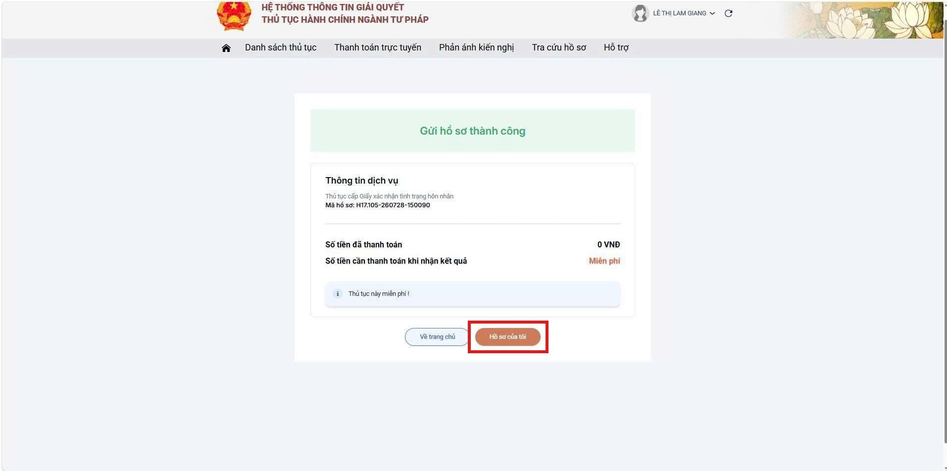 Nộp hồ sơ thành công