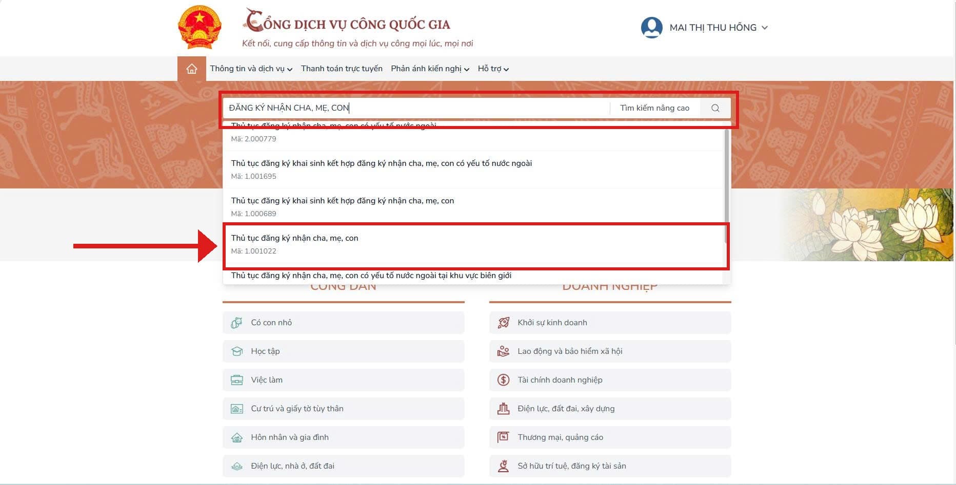 Tìm thủ tục đăng ký nhận cha, mẹ, con