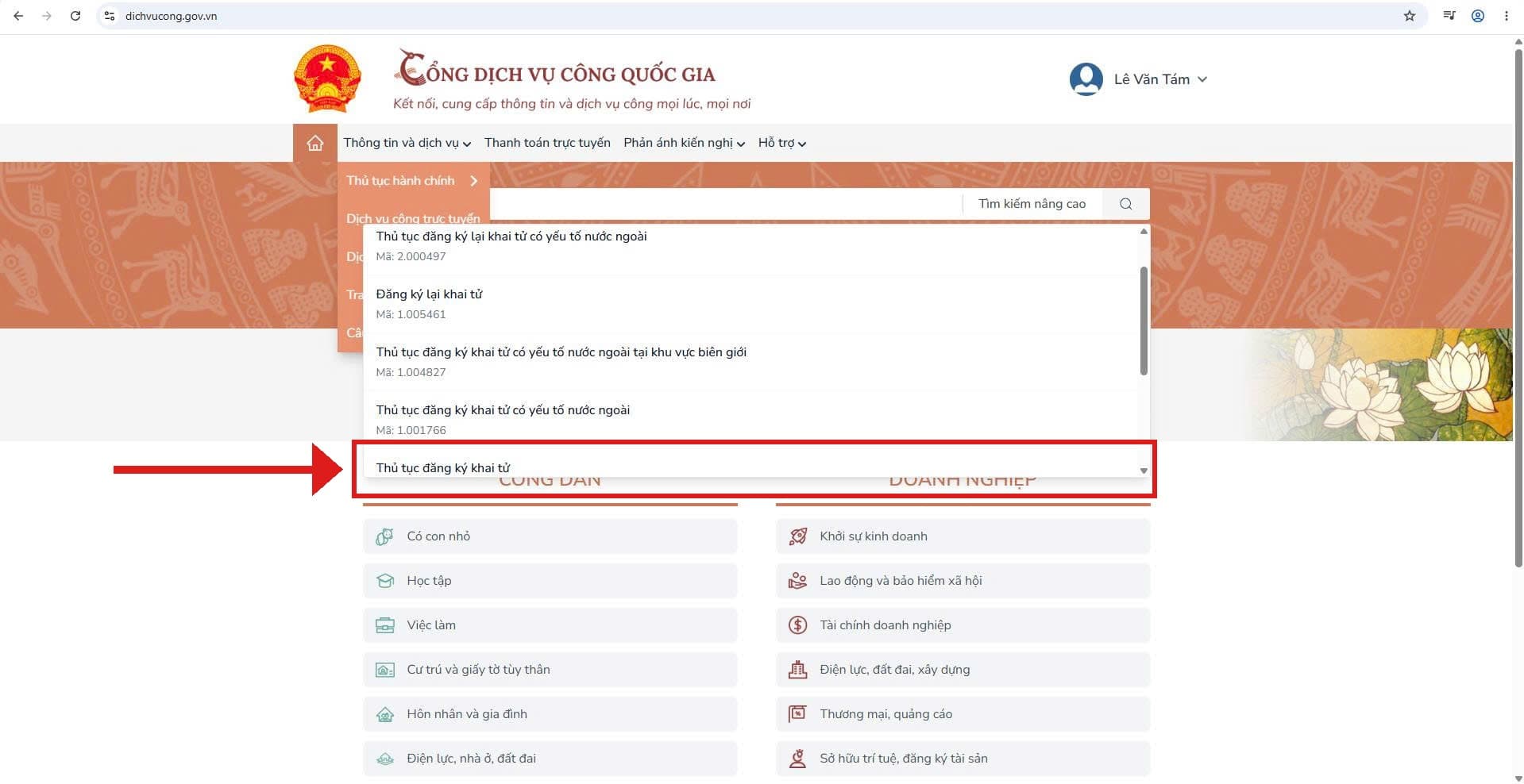 Tìm thủ tục đăng ký khai tử