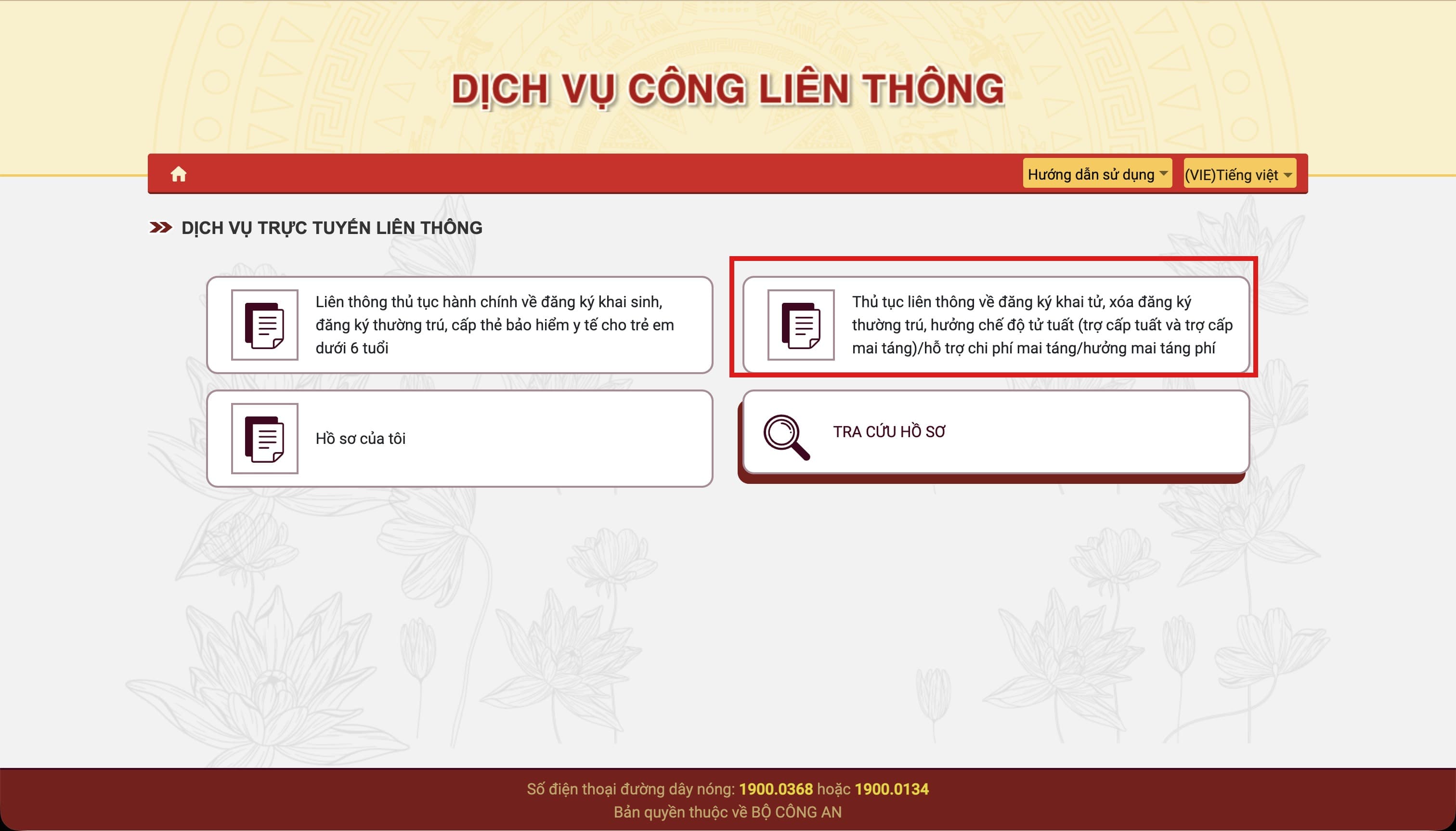Chọn thủ tục liên thông khai tử