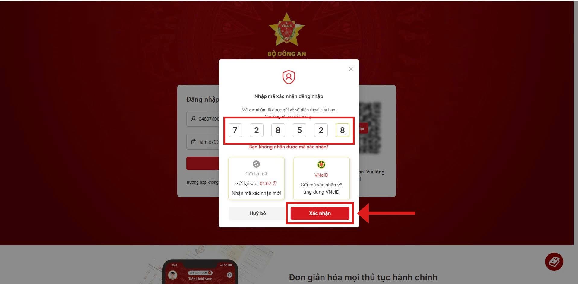 Nhập mã xác nhận đăng nhập