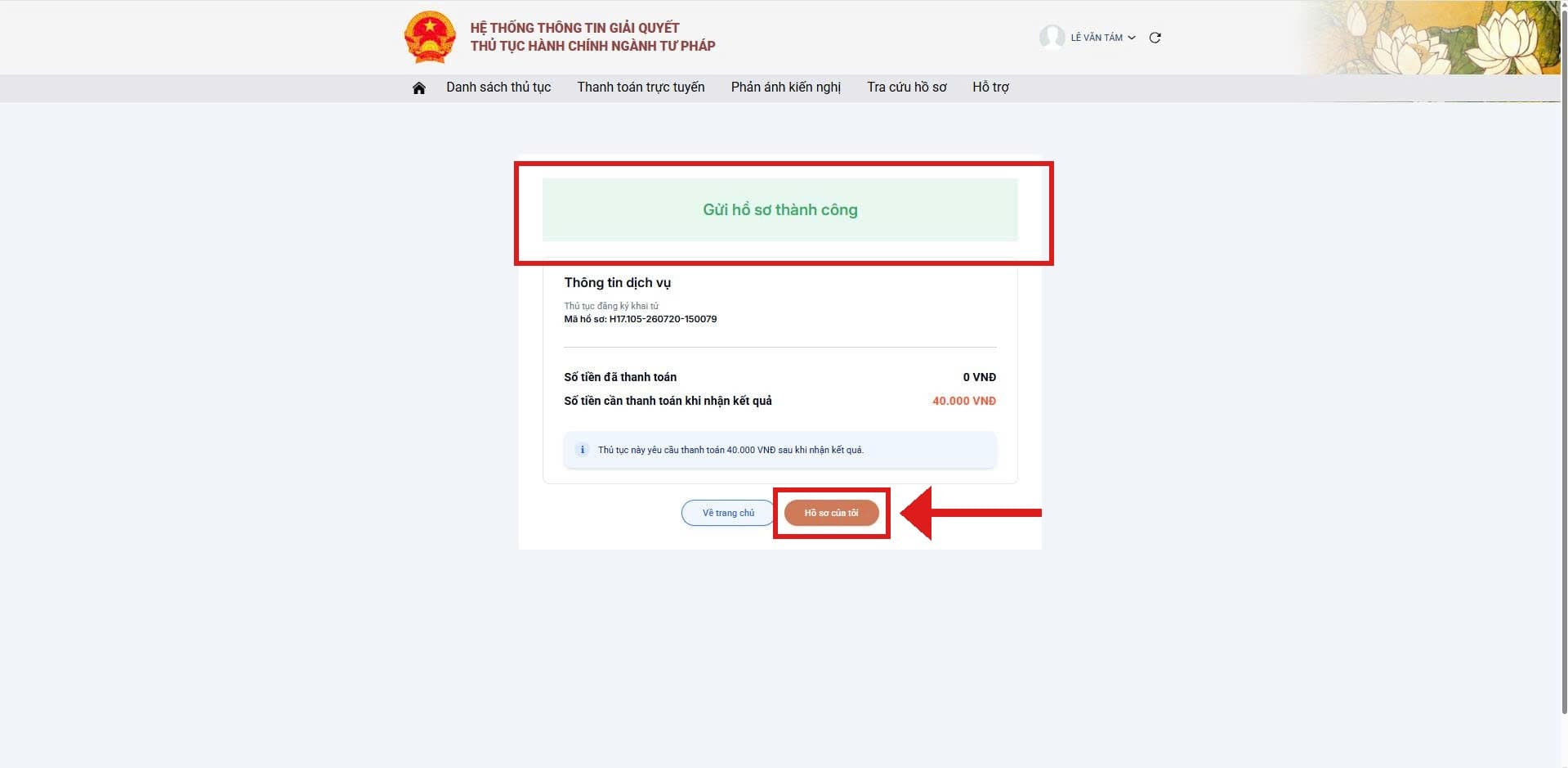 Nộp hồ sơ thành công